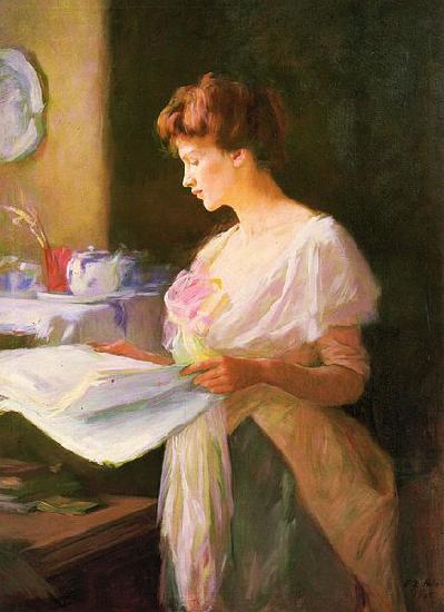 Ellen Day Hale Morning News. Private collection oil painting picture